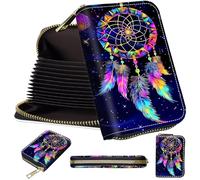 Mini Card Holder Wallet for Women, Small Zipper Credit Card Case with RFID Blocking, Compact PU Leather Accordion Card Organizer for Girls, Cute Pattern Women Wallet Purse, A7, Colorful Dream Catcher