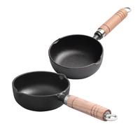 Mini Cast Iron Skillet with Wooden Handle 2pcs for Breakfast Cooking | Flat Bottom, Pour Spout, Single Serve Use, Black round Pan for Syrup, Sauce, Pancakes