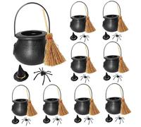 Mini Cauldron, 9 Sets Halloween Miniatures, Small Plastic Mini Cauldron, Witch Hat, Witch Broom & Spider for Halloween Dollhouse Accessories Table Decoration
