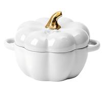 Mini Ceramic Soup Bowl With Lid & Handle - Versatile Casserole For Baking, Desserts & Sauces - Perfect For Thanksgiving & Halloween, Vibrant Orange White