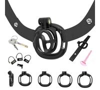 Mini Chastity Cage Set with 4 Sizes Rings and Chastity Belt, Male Special Chastity Devices for Cross-Dressing -UKHA27a (C:B-Black, M1)