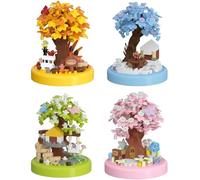 Mini Cherry Blossom Tree Building Set, 4 Set Bonsai Tree House Building Toy with Dust Cover, Micro Japanese Sakura House Bricks Model, Gift for Adults Boys Girls, 1129 PCS
