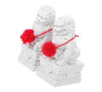 Mini Chinese Guardian Lion Statue Pair with Red Peony, Beige Marble Foo Dog Figurines for Prosperity Home and Office Feng Shui Decor, Mini Wealth Lion Ornaments