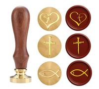 Mini Christian Wax Seal Stamp Set - 3 Brass Heads with Cross Heart, God Bless & Ichthys Symbols | Wooden Handle | Perfect for Prayer Journals, Letters, Bible Study Notes