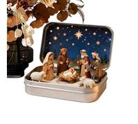 Mini Christmas Nativity Set in a Tin Box, 3.74x2.36in Resin Handmade Miniature Nativity Doll Scene, With Sacred Family, Sheep and Jesus Figurines, Christmas Indoor Decoration