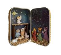 Mini Christmas Nativity Set in a Tin Box, Handcrafted Pocket Size Nativity Scene Ornament, 3D Holy Family Figurines for Desk, Shelf, Office Travel Decors