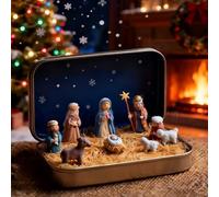 Mini Christmas Nativity Set in a Tin Box - Handcrafted Portable Pocket Nativity Scene with Resin Holy Family, Baby Jesus & Sheep Figurines - Mini Nativity Set,Christmas Interior Decoration