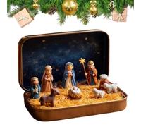 Mini Christmas Nativity Set in a Tin Box, Handcrafted Resin Holy Family Sheep and Jesus Figurines, Portable Pocket Birth of Jesus Ornament, Mini Nativity Scene for Indoor Christmas Home Decor (1)