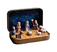 Mini Christmas Nativity Set in a Tin Box, Portable Nativity Scene Decoration Set with Resin Holy Family Sheep and Jesus Figurines, Christmas Decor Gift for Friends and Family (2 Pcs)