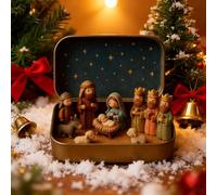 Mini Christmas Nativity Set In A Tin Box | Portable Pocket Christmas Holy Family Sheep And Jesus Figurines Decor | For Home Office Bedroom Entrance Bookshelf Church Desktop