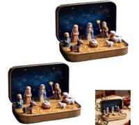 Mini Christmas Nativity Set in a Tin Box, Portable Pocket Nativity Scene Decoration Set, Carry The Story of Christmas with Resin Holy Family Sheep and Jesus Figurines for Friends, Colleague (2 pc)