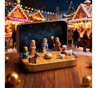 Mini Christmas Nativity Set in a Tin Box, Portable Pocket Nativity Scene Decoration Set, Carry The Story of Christmas with Resin Holy Family Sheep and Jesus Figurines for Friends