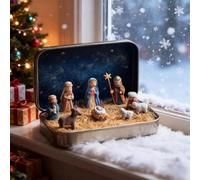 Mini Christmas Nativity Set In A Tin Box, Portable Pocket Nativity Scene Decoration Set, Mini 3D Resin Holy Family & Baby Jesus Figurines for Amily & Loved Interior Religious Decoration (A)