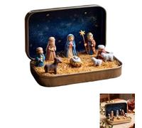 Mini Christmas Nativity Set in a Tin Box,Portable Pocket Nativity Scene Decoration Set,Resin 3D Holy Family & Baby Jesus Figurines for Indoor Decoration