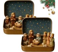 Mini Christmas Nativity Set in Tin Box, Portable Pocket Nativity Scene with Resin Figurines Holy Family Jesus Ornament for Home Desk Church Decoration Religious Christmas Decor (2 set)