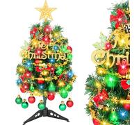 Mini Christmas Tree 20 Inch with Lights, Small Artificial Tabletop Xmas Tree with Ornaments - DIY Miniature Christmas Table Top Decorations for Home Office Kitchen Bedroom Desk (Red Green)
