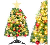 Mini Christmas Tree 20 Inch with Lights, Small Artificial Tabletop Xmas Tree with Ornaments - DIY Miniature Christmas Table Top Decorations for Home Office Kitchen Bedroom Desk (Red Gold)