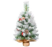 Mini Christmas Tree, 2ft/60cm Small Christmas Tree with Snow, Real Pine Cones Red Berries Decoration for Xmas, Office Living Room Kitchen Windowsill Christmas Desktop, Dining Tabletop