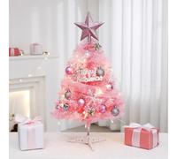 Mini Christmas Tree 2ft/60cm with Light Table Top Artificial Xmas Tree Star Treetop, Hanging Ornaments DIY Holiday Indoor Decorations, Home Desktop Xmas Tabletop Decoration Pink (Pink)