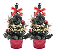 Mini Christmas Tree, 2pcs 7.9inch Artificial Christmas Tree with Balls & Bow, Tabletop Small Christmas Tree Ornament, Tiny Table Top Christmas Tree for Home Office Christmas Decorations (Red)