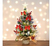 Mini Christmas Tree, Pre-Lit Artificial Mini Christmas Tree Tabletop Pine Tree Potted Small Xmas Tree with Christmas Ball Bows Red Berry Pine Cone Star, for Xmas Home Kitchen Office Table Decor (60cm)
