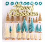 Mini Christmas Tree Table Decorations: 24 Pcs Wooden Artificial Small Xmas Village Pine Bottle Brush Trees with Bases Dollhouse Tabletop Ornaments for Winter Craft Party Home Decor