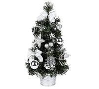Mini Christmas Tree with Lights, 40cm Artificial Tabletop Xmas Tree with Star Topper, Gold Baubles, Bows & Pine Cones, Pre-Lit Battery Operated Desk Christmas Tree for Home Office Decoration (Silver)