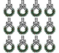 Mini Christmas Wreath Multipacks 5 Inch Christmas Wreath with Plaid Ribbon Bow Farmhouse Kitchen Cabinet Wreath Party Decoration for Indoor/Outdoor Front Door Window Chair Wall Decor (12*Black)