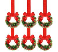 Mini Christmas Wreaths for Kitchen Cabinets, Small Christmas Wreaths, 6 Pack Mini Window Cedar with Ribbon, Outdoor Wreaths Christmas for Doors Indoor Chairs (B)