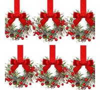 Mini Christmas Wreaths - Maximum Holiday Magic, Instant Festive Charm & Versatile Decor. Mini Christmas Wreath for Cabinets, with Red Bow and Berries (Style A, 6PCS)