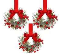 Mini Christmas Wreaths - Maximum Holiday Magic, Instant Festive Charm & Versatile Decor. Mini Christmas Wreath for Cabinets, with Red Bow and Berries (Style A, 3PCS)
