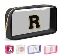 Mini Clear Personalized Initial Makeup Bag, Nylon Preppy A-Z Chenille Letter Patch Zipper Cosmetic Bag, Small Cute Pouch Travel Coin Purse Toiletry Bag, Small-Black, R