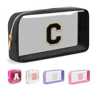 Mini Clear Personalized Initial Makeup Bag, Nylon Preppy A-Z Chenille Letter Patch Zipper Cosmetic Bag, Small Cute Pouch Travel Coin Purse Toiletry Bag, Small-Black, C
