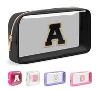 Mini Clear Personalized Initial Makeup Bag, Nylon Preppy A-Z Chenille Letter Patch Zipper Cosmetic Bag, Small Cute Pouch Travel Coin Purse Toiletry Bag, Small-Black, A
