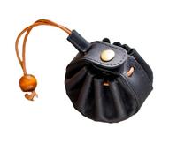 Mini Coin Purse for Men Women, Real Leather Coin Pouch Organizer Case Bag with Drawstring, Genuine Vintage Cowhide Small Snap Button Key Wallet Black