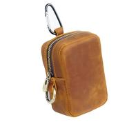 Mini Coin Purse for Men Women, Real Leather Coin Pouch Organizer Case Bag with Zipper, Genuine Vintage Cowhide Small Keychain Cubic Key Wallet Brown