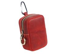Mini Coin Purse for Men Women, Real Leather Coin Pouch Organizer Case Bag with Zipper, Genuine Vintage Cowhide Small Keychain Cubic Key Wallet Red