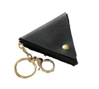 Mini Coin Purse for Men Women, Triangle Real Leather Coin Pouch Organizer Case Bag with Button, Genuine Vintage Cowhide Small Keychain Key Wallet Black