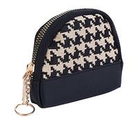Mini Coin Purse,Houndstooth Fabric Embroidery Coin Purses,Canvas Leather Card Holders Bags,Double Layers Zipper Wallet(Black-Single Zipper)