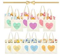 Mini Conversation Heart Canvas Bags,6/12/18 PCS Reusable Valentine’s Day Heart Tote Bags,Hand-Printed Sweet Messages Cotton Gift Goodie Bags for Women,Party Favors & Couple Gifts (12pcs)