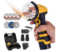 Mini Cordless Angle Grinder Battery Grinding Machine Tool with 2 Batteries,5 Cutting Discs, 1 Wooding Cutting Discs,1 Stone Cutting Discs,1 Flap Wheel, 19500RPM,1 Pair Gloves