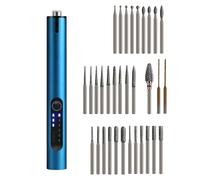 Mini Cordless Electric Engraving Pen with 30 Carving & 2 Drilling & 1 Tungsten Carbide Grinding Rotary Bits for DIY Crafts, USB LED Light 3-Speed Tool Kit for Metal, Wood, Glass, Plastic (Blue)
