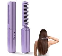 Mini cordless hair straightener, 2-in-1 rechargeable brush and curler, portable travel comb (purple)