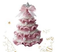 Mini Crochet Christmas Tree Knitted Cute Small Xmas Tree Christmas Decorations with Bow Pearl Embellishment Crochet Xmas Trees Decorations Holiday Tabletop Ornament Decor for Festive Party
