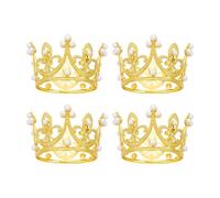 Mini Crown Cake Topper, 4 Pcs Small Crystal Pearl Tiara Happy Birthday Cupcake Topper Princess Crown Cake Decorations Hair Accessories for Birthday, Wedding, Baby Shower (A Gold)