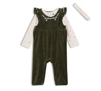 MINI CUDDLES Baby Girls Floral Embroidered Dungaree 3pc Set, Green (3-6M)