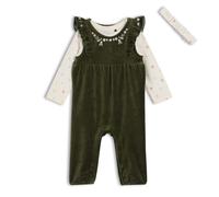 Mini Cuddles Baby Girls Floral Embroidered Dungaree 3pc Set, Green - 6-9 Months