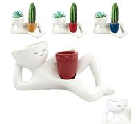 Mini Cute Lazy Guy Planter Set - Creative Breathable Succulent Pots with Synthetic Resin, Small Desktop Ceramic-Like Flower Pot for Office Home Decor, Gift for Plant Lovers (Red)