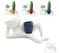 Mini Cute Lazy Guy Planter Set - Creative Breathable Succulent Pots with Synthetic Resin, Small Desktop Ceramic-Like Flower Pot for Office Home Decor, Gift for Plant Lovers (Blue)