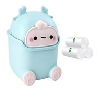 Mini Desk Bin, Cute Desktop Trash Can Wastebasket with 3 rolls Trash Bags, Creative Tiny Trash Can with Flip Lid, Cartoon Plastic Countertop Garbage Can for Bedroom, Kitchen, Office (Blue)
